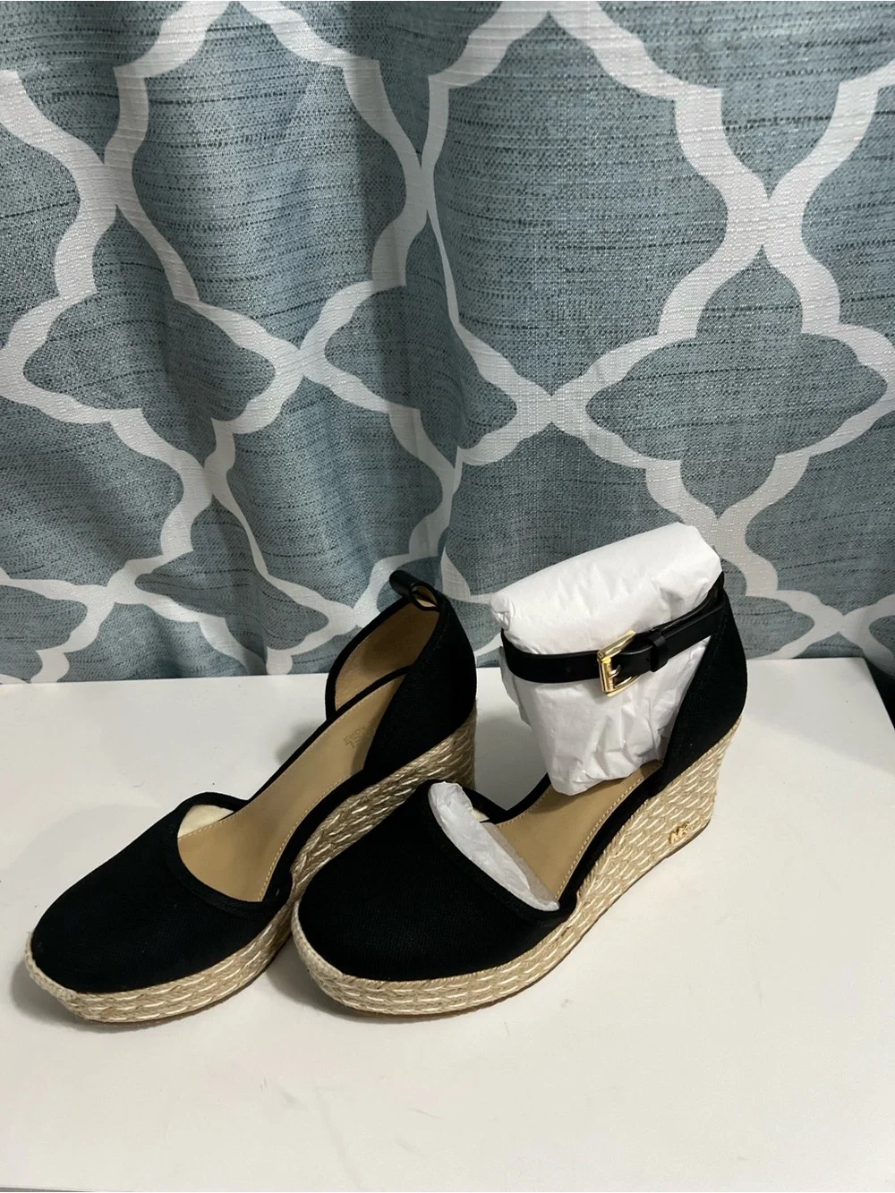 Michael Kors Black Espadrille Wedge Sandals with Gold Buckle